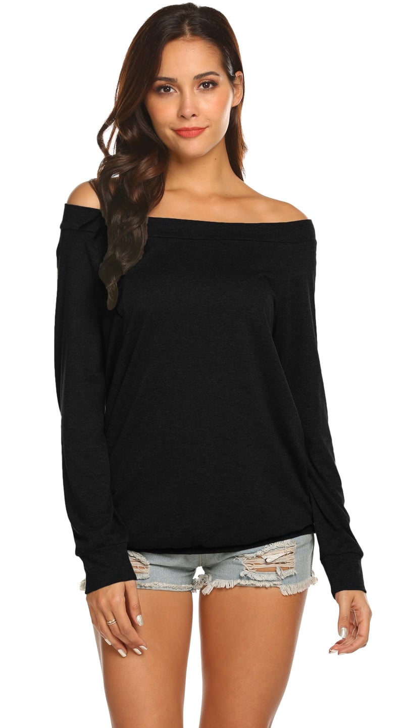 Halife Off The Shoulder Tops for Women Long Sleeve Black Tops and Blouses Plus Size (XL, Black) - Image 2